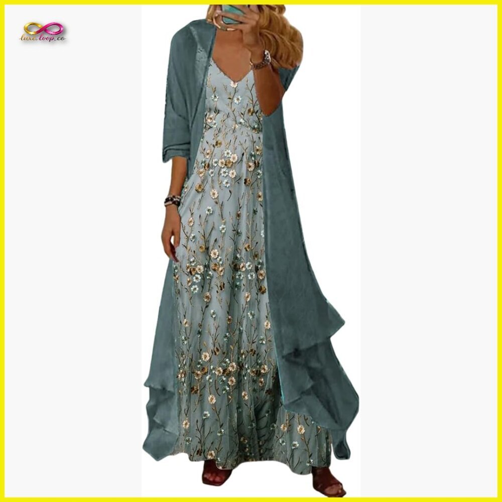 Sleeveless Maxi Dress Set Sheer Cardigan Floral Print Loose Fit Elegant